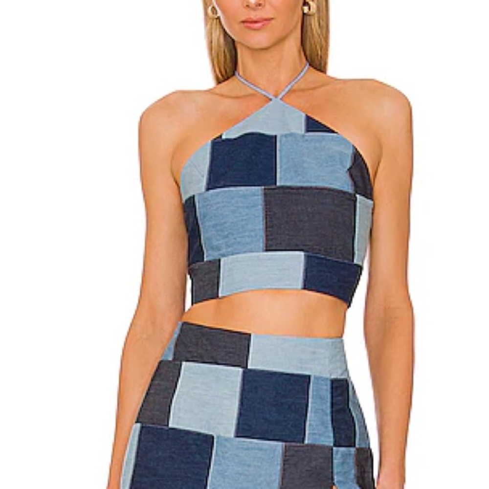 Amanda Uprichard Blue Patchwork Crop Top